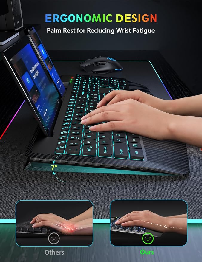 SABLUTE Wireless Keyboard and Mouse Combo, Backlit Scissor Keys, Wrist Rest - Image 3