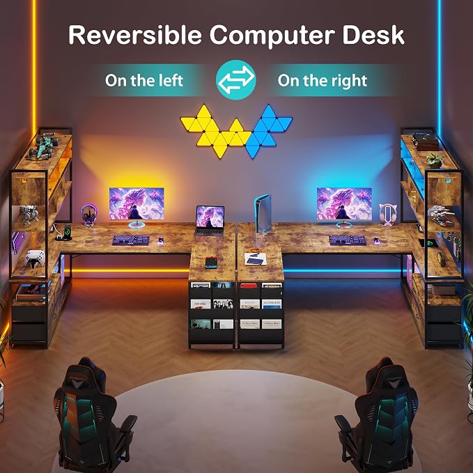 Dnxao 65" Gaming Desk with 3 Drawers and Pegboard, Rustic Brown | Reversible U Shaped Computer Desk with Power Outlets and LED Lights, Storage Shelves Workstation with Pegboard for Gamers - Image 3