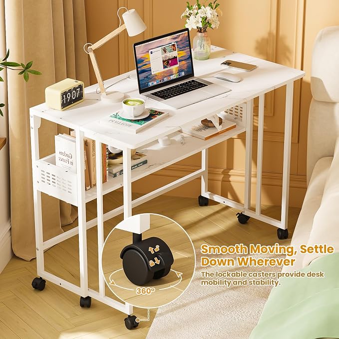 31.5" Folding Desk with Storage Shelf, Small Rolling Desk, White Marble - Image 6