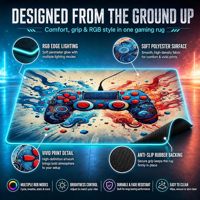 Gaming Rug RGB LED Light (3x5 Waveburst Controller) - Bedroom Gamer Rug Floor Mat Gaming Decor - Kids Room Rug Anti Slip Mat for Gamer Chair – Play Game Room Décor for Teen, Boys, Kids - Image 6