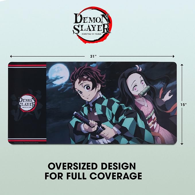 Demon Slayer Large Gaming Mouse Pad 31"x15" XL Computer Desk Mat, Anime | Demon Slayer anime gaming mouse pad, Oversized 31x15in smooth fabric top, stitched edges, non-slip rubber base. - Image 6
