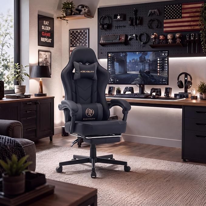 Desk Computer Gaming Chair - High Back Ergonomic Office Chair with Footrest and Lumbar Support, Swivel Comfy Home Gamer Video Game Chairs with Pocket Spring Cushion for Adults (Grey Leather) - Image 2