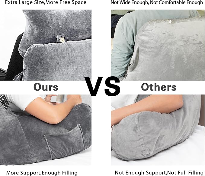 SLIGUY Reading Pillow for Sitting in Bed Couch Adult, Back Pillow with arm Support and Pockets, Adult Back Pillow Bed Chair for Bed Rest, Reading, Watching TV, Gaming for Boys and Girls Light Grey - Image 3