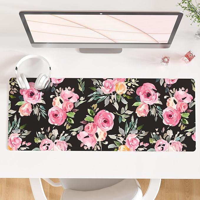 QiyI PU Leather Large Mouse Pad, Office Décor, 31.5" x 11.8", Pink Flowers | Desk Décor Accessories, Extended Size, Waterproof & Easy to Clean, Smooth Surface, Non Slip Desk Organization by QIYI