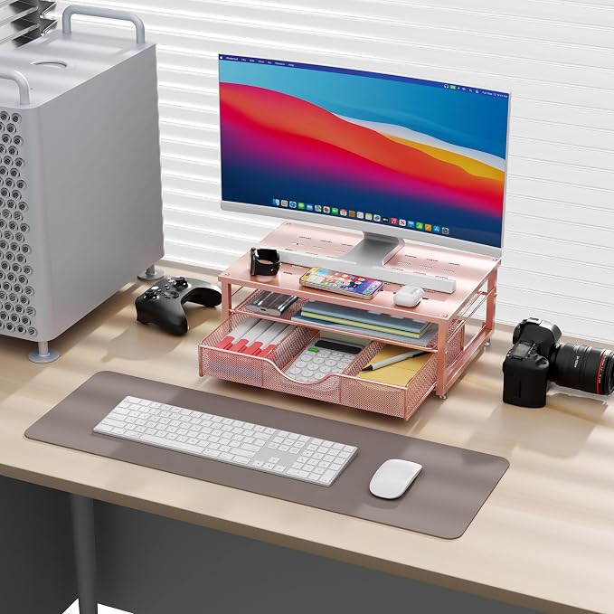 gianotter Computer Monitor Stand Riser with Drawer | Desk Organizers and Accessories Desk Accessories & Workspace Desktop Organizers Storage for Printer Stand (Rose Gold) - Image 2