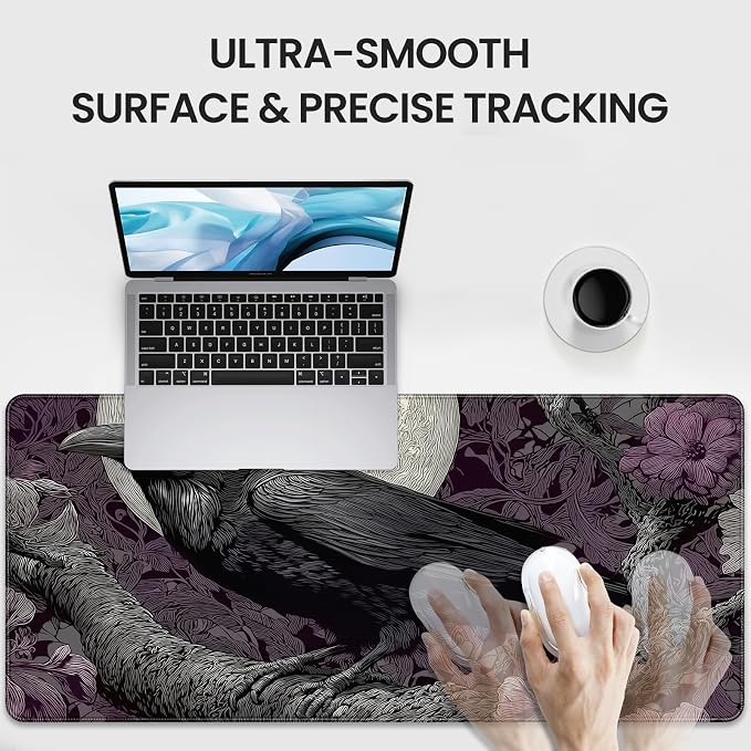 XXL Gaming Mouse Pad, Gothic Raven Moon Design with Purple Floral, 35.4 x 15.7 Inches, Non-Slip Rubber Base, Waterproof Surface，A Keyboard and Mouse Accessory Suitable for Home Gaming and Work. - Image 4