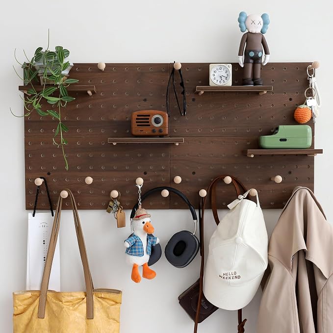 Wooden Pegboard Modular Display Organization Storage Wall Hooks Shelf (Walnut Colored Finish-B-4) by CreatedOn2005