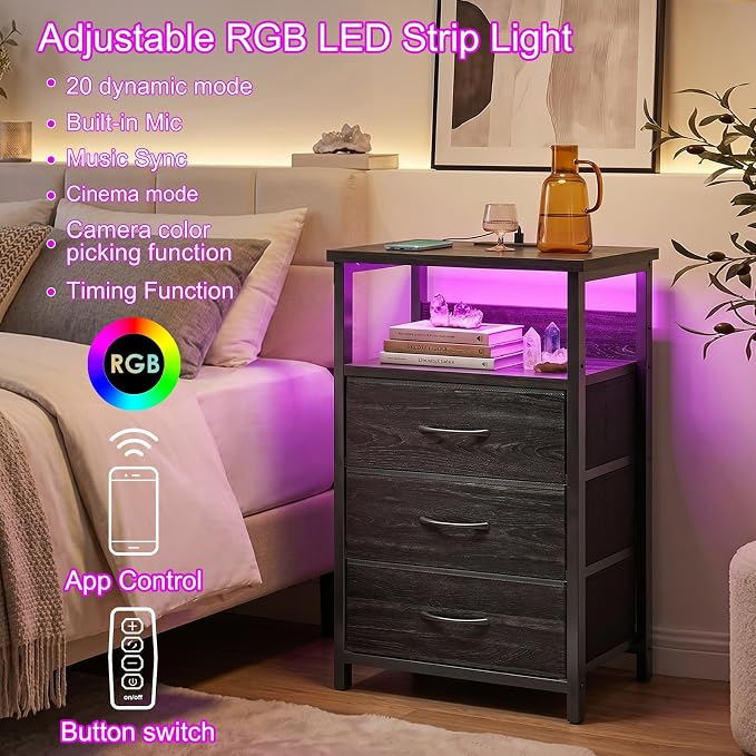 Fixwal Night Stand with 3 Fabric Drawers, Nightstand with Charging Station - Image 4