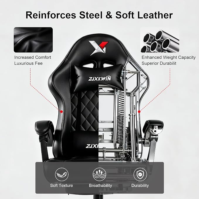 Gaming Chair for Adults with Pocket Spring Cushion, Ergonomic High Back Computer Chair with Footrest and Lumbar Support, Adjustable Height 360° Swivel Recliner, Black - Image 8