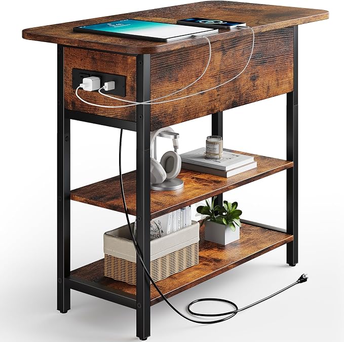 Yoobure End Table with Charging Station, Flip Top Side Table with USB Ports and Outlets, Sofa Couch Table Bedside Table for Living Room Bedroom, Narrow Nightstand with Storage Shelves for Small Space by Yoobure
