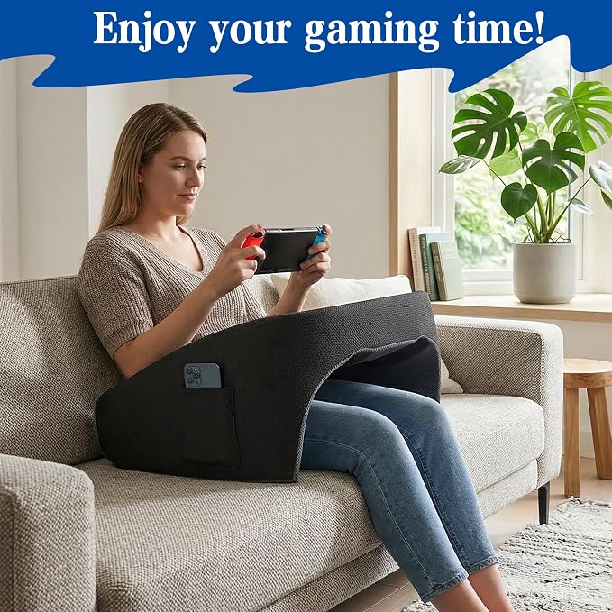 Reading Pillow for Gaming, Ergonomic Memory Foam Lap Desk Pillow | Cup Holder & Pocket, Large Non-Slip Bottom Arm Rest Pillow for Working, Crocheting in Bed, Couch, Floor (Deep Grey) - Image 7