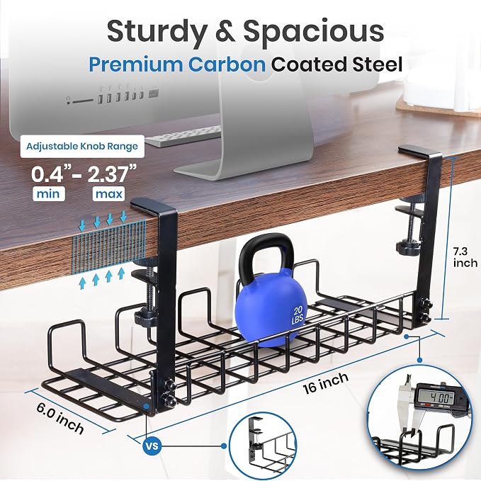 Under Desk Cable Management Tray, 16” No Drill Cord Organizer with Clamps for Wire Management, 4mm Sturdy Wire Desk Cable Organizer Tray, Cable Management Rack for Office - Image 3