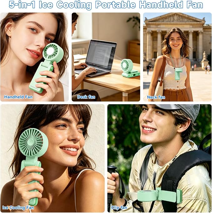 Handheld Portable Turbo Fan with Ice Cooling,5 Speed Rechargeable LED Display Foldable Hand Held Personal Clip/Neck/Waist Fan,180°& 360° Adjustable,Pocket Mini Fan for Outdoor/Home/Office (Green) - Image 5
