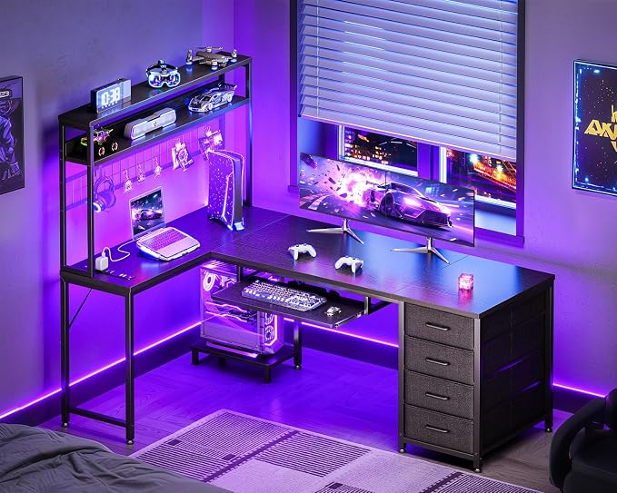 AODK 59 Inch L Shaped Gaming Desk with 4 Drawers, Keyboard Tray, Black | LED Lights, Power Outlets, Metal Grid Panel, Display Shelves, PC Tower Stand, Reversible Layout for Gaming and Home Office - Image 8