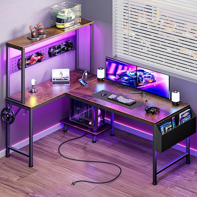 PRAISUN L Shaped Gaming Desk with LED Lights & Power Outlets | Reversible Computer Desk with Storage Shelves & Bag, Large Corner Home Office Desk for Work from Home, Rustic Brown by PRAISUN