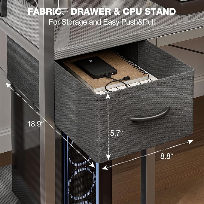 Grandder Gaming Desk 55 Inch with Power Outlet and LED Light, Computer Desk with Reversible Shelves and Storage Drawer, Pc Small Desk for Home Office Table with Bag, Carbon Fiber Grey - Image 8