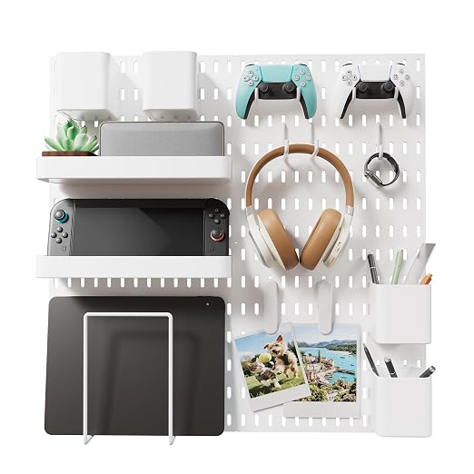 Wall Organizer Set 4 Pack 11"x11" No-Drill Peg Board Pannels with 16 Hooks & Bins Modular Pegboard Wall Organization for Gaming room Home Office Craft Room and Kitchen, White by Unknown