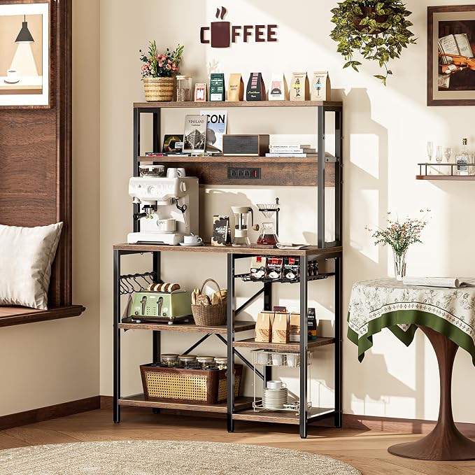 SUPERJARE Bakers Rack with Power Outlet, 35.4 Inches Coffee Bar with Basket - Image 6