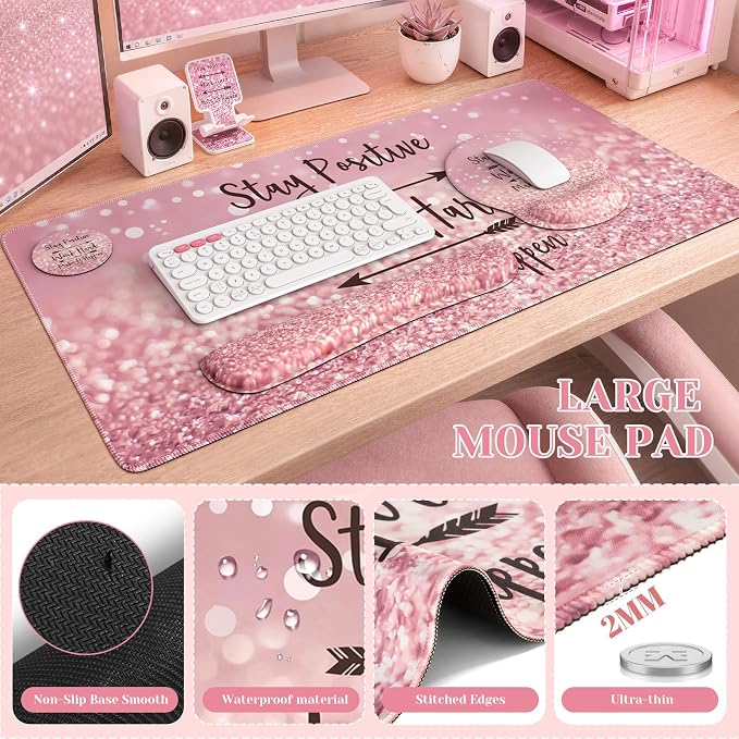 iCasso Pink Ergonomic Mouse Pad with Wrist Rests Set for Desk Accessories - Image 6