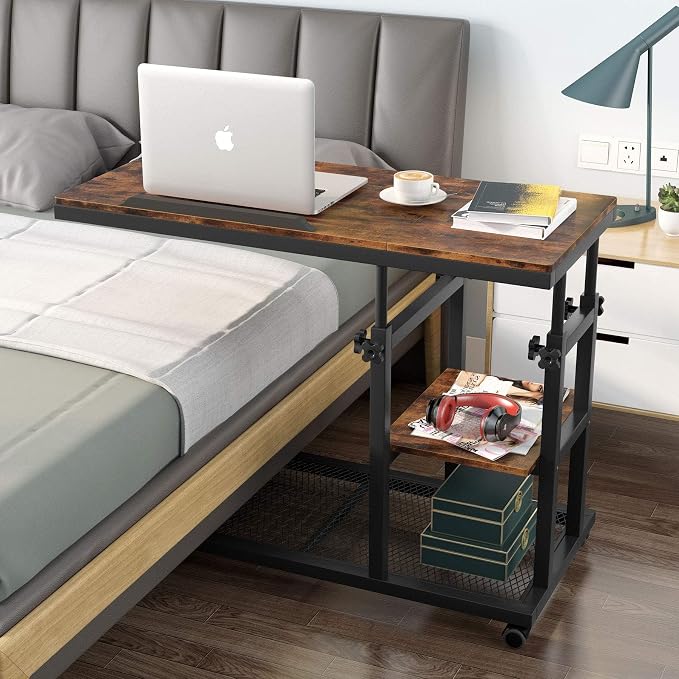 Tribesigns Height Adjustable C Table with Wheels, Mobile Couch Snack Side Table with Tiltable Drawing Board, Sofa Bedside Laptop Stand C Shaped TV Tray with Storage Shelves (Brown) - Image 3
