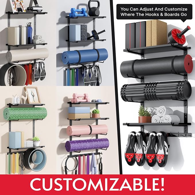 Home Gym Wall Storage Shelf, 2 Boards & 4 Adjustable Holders Sets - Image 2
