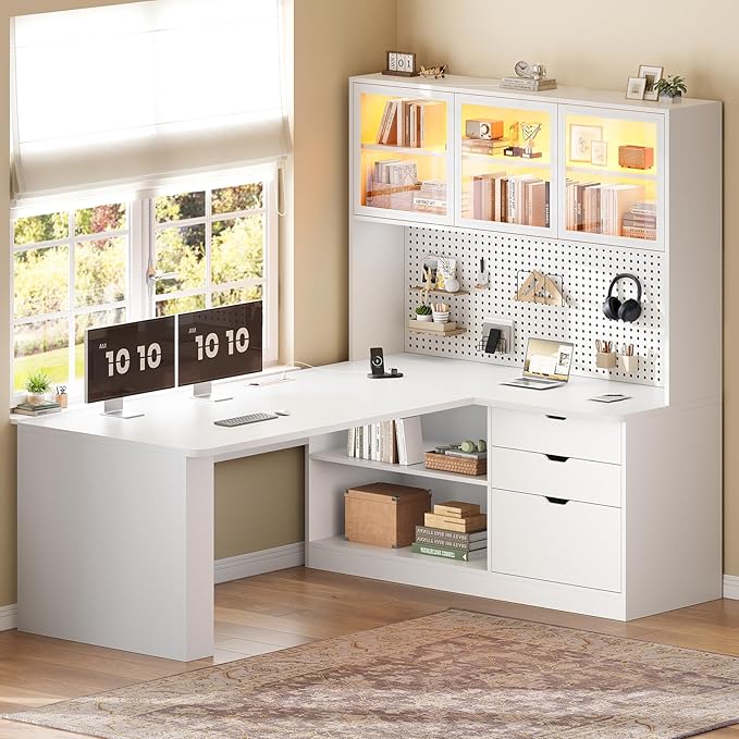SEDETA L Shaped Corner Gaming Desk with 3 Wood Drawer and Large Bookshelf | L Shaped Computer Desk with LED Light, Display Cabinet and Pegboard for Home Office, 27.5" W Large Desktop Table, White - Image 3
