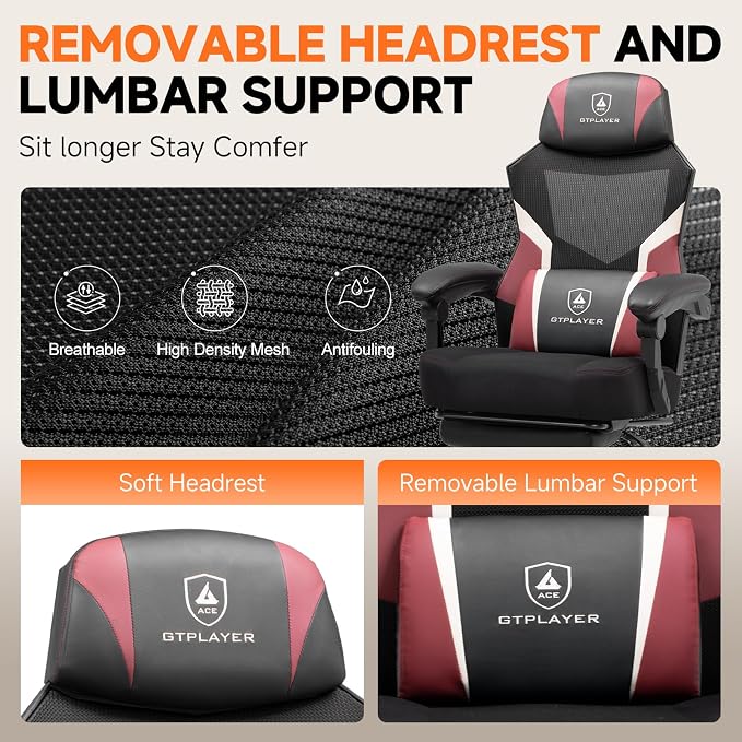 GTPLAYER Computer Chair with Adjustable Footrest, Ergonomic Gaming Chair with Headrest and Lumbar Support, Breathable Mesh Office Chair for Adults, High Back Reclining Desk Chair for Gaming and Office - Image 8