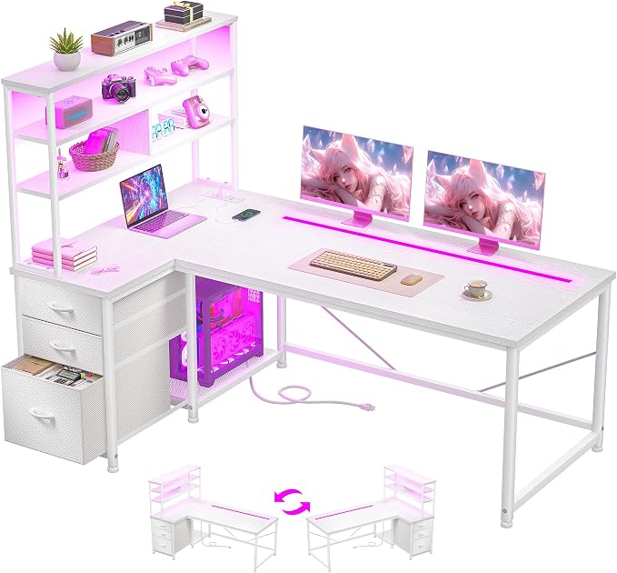 DurayLoly L Shaped White Desk with 3 Drawers,Shelf and PC Stand for Storage by Durayloly