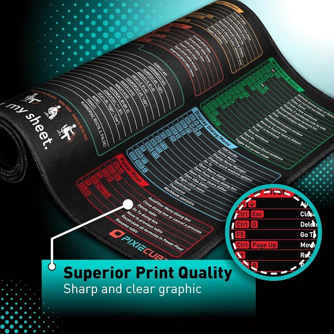 Pixiecube Excel Shortcut Keys Mouse Pad - Extended Large XXL Cheat Sheet Gaming Mousepad | PC Office Spreadsheet Keyboard Mat | Non-Slip Stitched Edge - Image 3