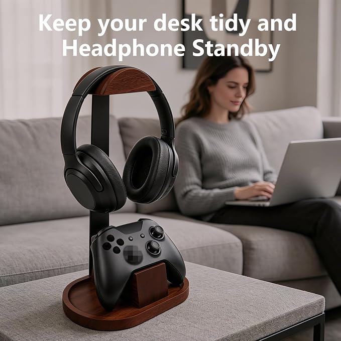 Wooden Headphone Stand for Desk,Controller Stand for Desk with Storage Base | Controller and Headset Stand,Headset Holder with Gaming Controller Holder (Walnut) - Image 7