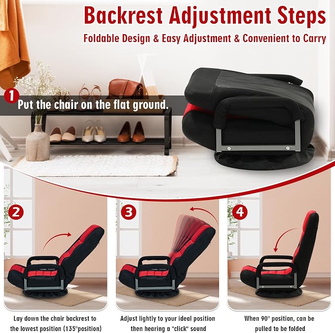 Swivel Floor Gaming Chair w/Armrests,Folding Video Reclining Sofa w/6 Adjustable Position, Padded Backrest & Cushion, Lazy Lounger Couch for E-Sports, Reading, Relaxing, Watching TV, Red - Image 8