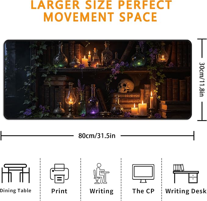 Enchanted Bookshelf Desk Mat, XL 31.5"x11.8" Large Mouse Pad, Floral Books Extended Gaming Mouse Mat,Non-Slip Rubber Base Waterproof with Stitched Edges for Gaming Office Home Decor - Image 3
