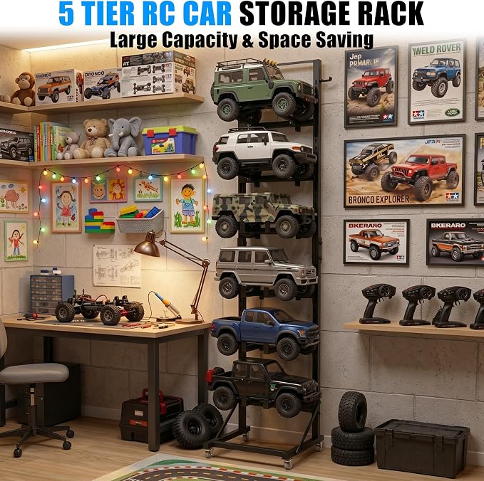 RC Car Stand Display Rack 5-Tier Storage Shelf for RC Scale Model Cars 1/6 1/8 1/10 1/12 1/18 1/24 1/32 Adjustable Width & Height Universal RC Trucks Buggies Display Shelf with Mute Wheels - Image 4
