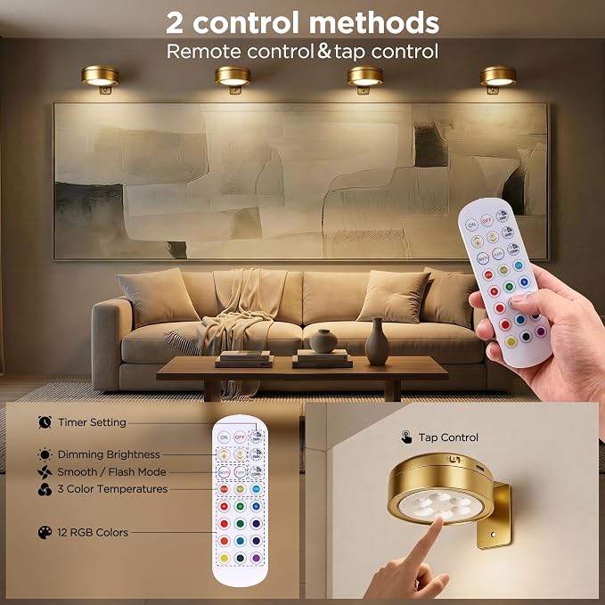 4-Pack Picture Lights for Wall, Rechargeable Cordless Poster Lights, Gold - Image 5