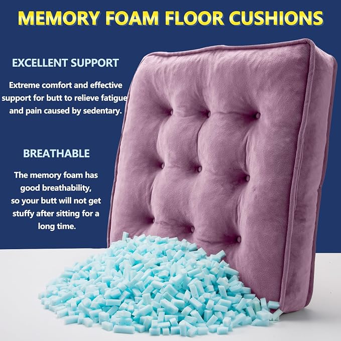 1 MIDDLE ONE Floor Pillow Set of 2, Memory Foam Meditation Cushion, Floor Cushions for Adults Sitting, Large Square Seat Cushions for Yoga, Living Room, 20x20 Inch (Purple) - Image 2