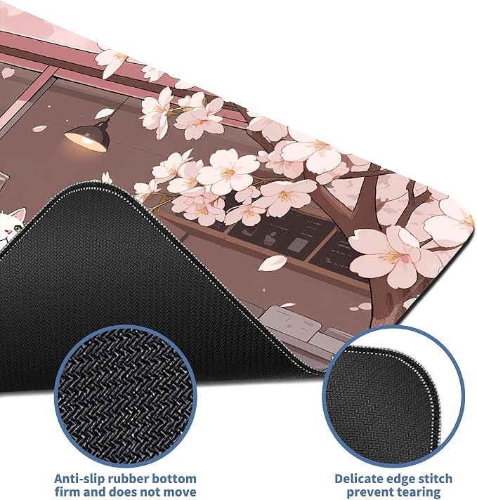 Pink Cute Cat Gaming Mouse Pad Large Desk Mat Extended Keyboard Mouse Pad Anime Mousepad with Non-Slip Base and Stitched Edge Mouse Mat Desk Pad 31.5 x 11.8 in Mouse Pads for Desk Home Office Gaming - Image 4