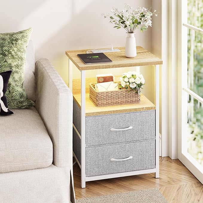 Fixwal Night Stand with Charging Station, Led Nightstand, 2 Fabric Drawers by Fixwal