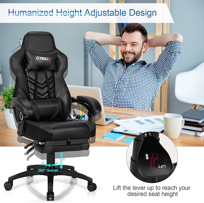 GYMAX Gaming Chair, Ergonomic Computer Chair with Footrest, Linkage Armrests & Lumbar Cushion, Big Wide High Back Video Gaming Chair, Reclining Office Rolling Chair for Adult/Teens (Black) - Image 7