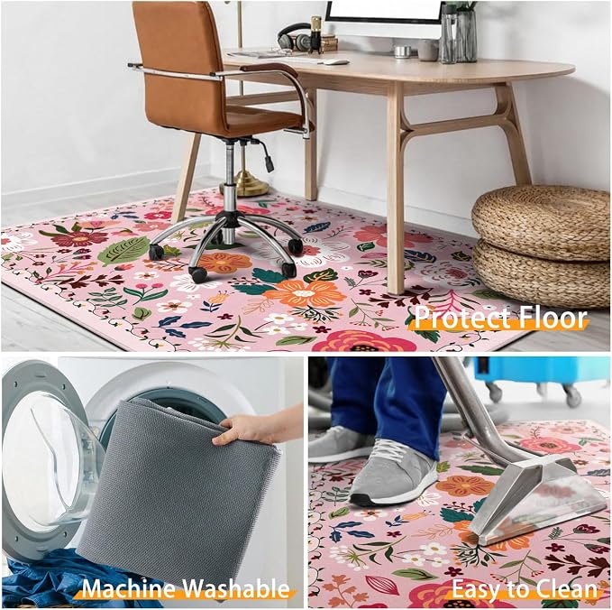 Office Chair Mat for Hardwood & Tile Floor,Boho Floral 36"x48" Computer Chair Mat for Rolling Chairs Carpet,Under Desk Non Slip Gaming Rug,Low-Pile Rubber Backing Large Protector Mat(Pink) - Image 6