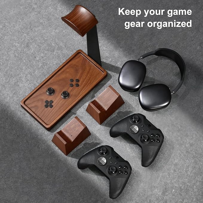 UPERGO Headphone and Headset Stand with Controller Holders for Gaming Desk | Solid Wood, Holds 2 Controllers, Storage Tray for Gaming Accessories, Compatible with PS5 and Xbox - Image 3