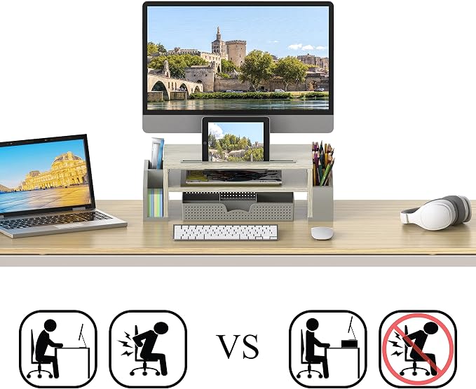 Simple Houseware Desk Monitor Stand Riser w/ Adjustable Tray, Maple | Built-In Tablet Slot and Side Storage - Image 3