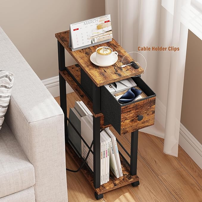 Slim Nightstand Set of 2, Narrow Side Table with Charging Station & Drawer - Image 4