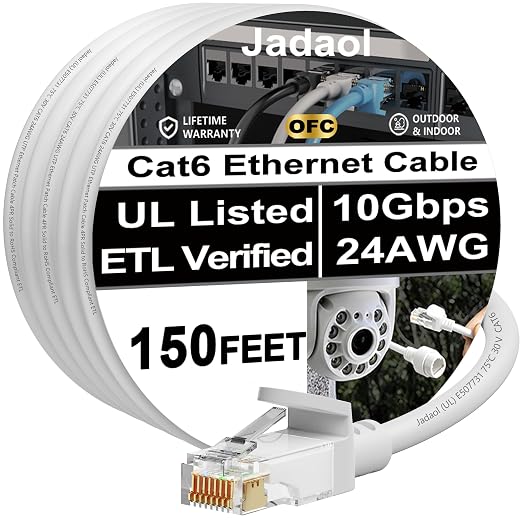 Jadaol [UL Listed Snagless Cat6 Ethernet Cable 150 ft 10Gbps, PoE++, White by Jadaol