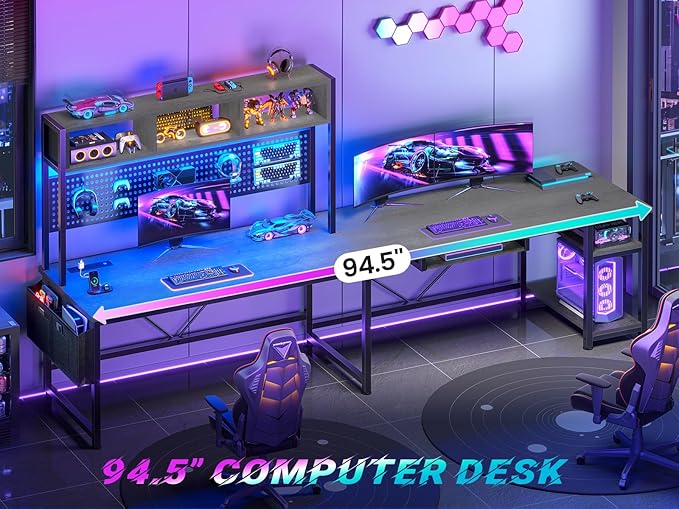 SEDETA L Shaped Office Desk with Hutch, Reversible 94.5" Computer Desk | L Shaped Gaming Desk with LED Light, Keyboard Tray, Storage Shelves and Headphone Hook for Home Office, Grey - Image 3