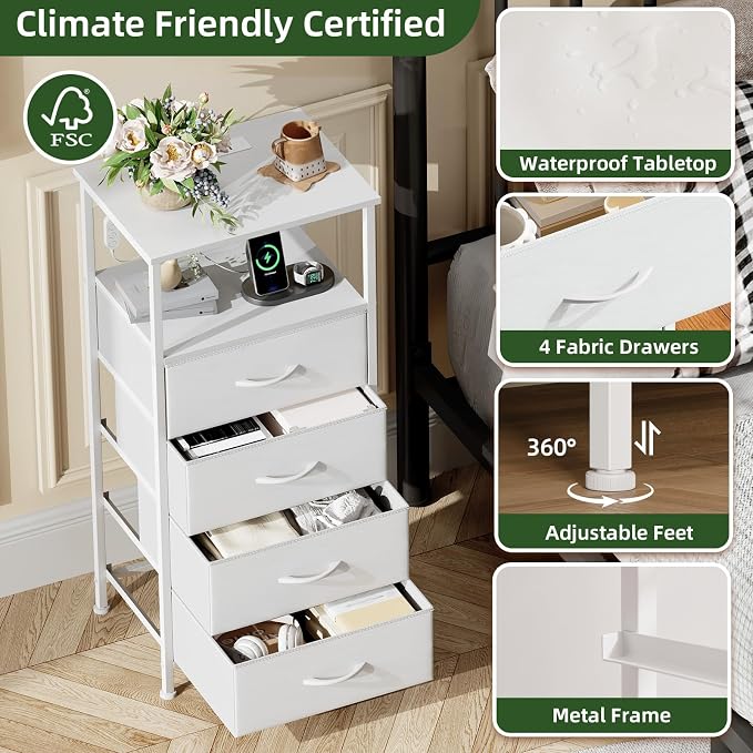 Somdot Tall Nightstand with 4 Drawers, Charging Station & LED Light - Image 6
