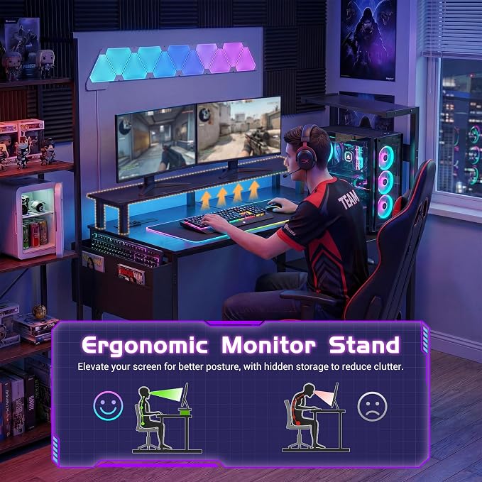 Gaming Desk 47 Inch Computer Table with Storage Shelves & Monitor Stand - Image 4