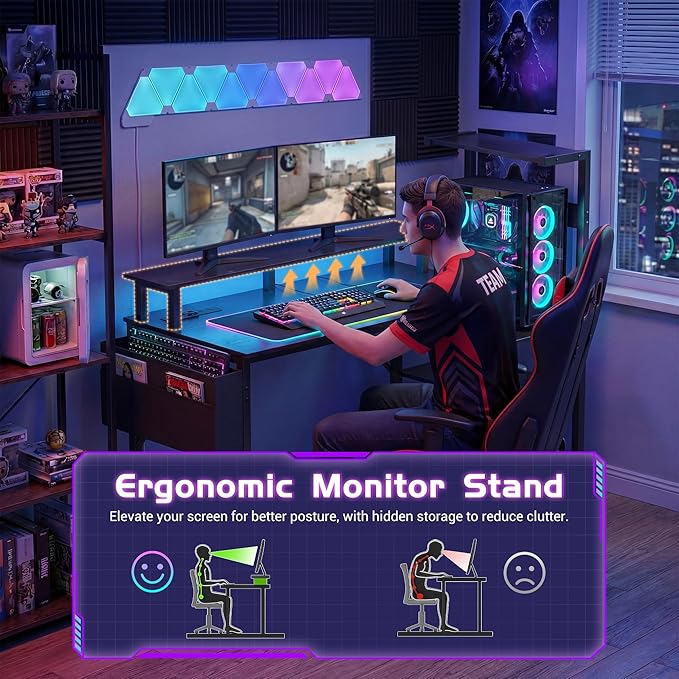 Gaming Desk 54 Inch Computer Table with Storage Shelves & Monitor Stand - Image 5