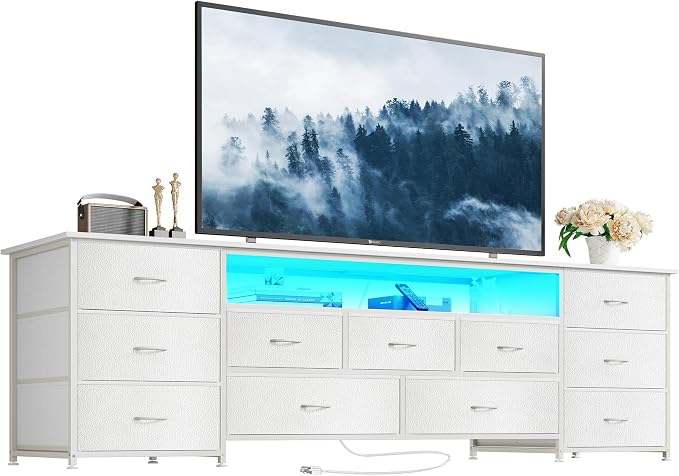 Huuger 70 Inch TV Stand for 75, 80 Inch TV, 11 Drawer Long Dresser with Power Outlets and LED Lights, Entertainment Center with Storage, White Dresser with PU Leather Surface by Huuger