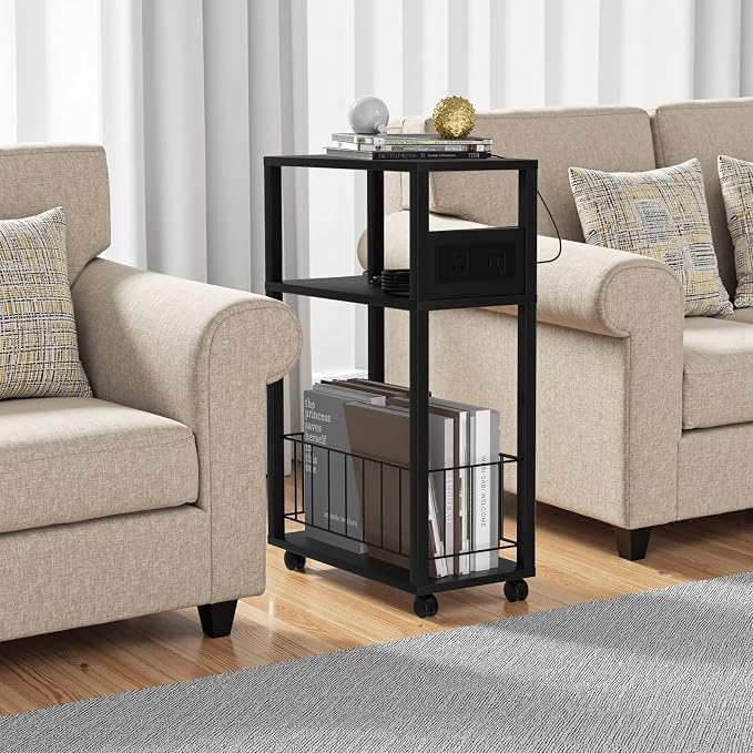 Rolling Side Table with Wheels, Narrow End Table with Charging Station - Image 8
