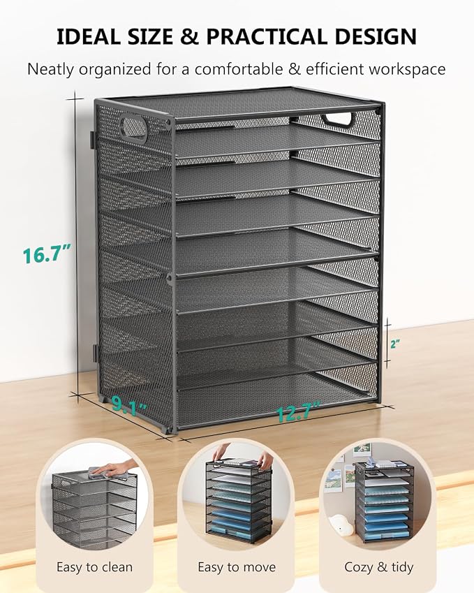 WALI Desk File Organizer, 9 Tier Desktop Paper Letter Tray Organizer with Handle, Office Desk Accessories & Workspace Organizers for Office, Home, School Supplies, 1 Pack, Black - Image 8